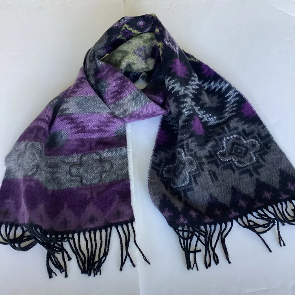 Vintage 100% Cashmere Scarf Made in Germany Hand Woven Purple Black Abstract